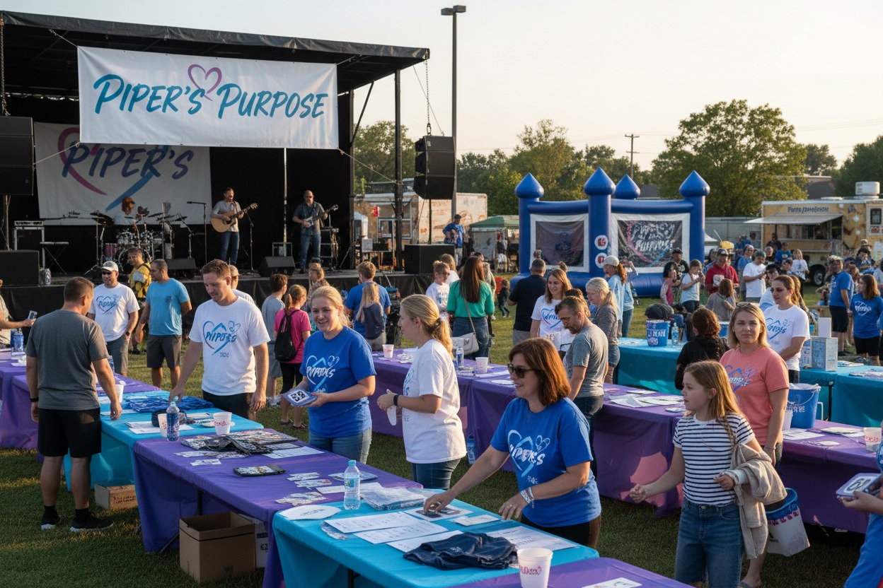 A crowd gathers at an outdoor event with tables displaying merchandise, a stage with musicians in the background, and a large blue bounce house.